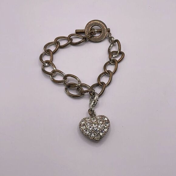 Monet Jewelry - MONET Silvertone Chain Rhinestone Heart Charm Toggle Clasp Vintage Flawed